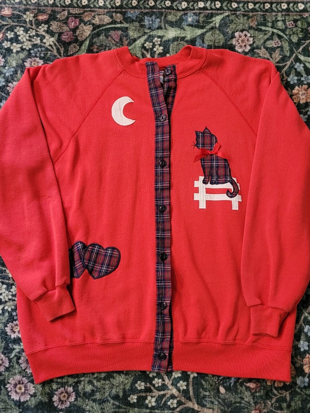 Hanes Red Sweatshirt with Navy Plaid Trim